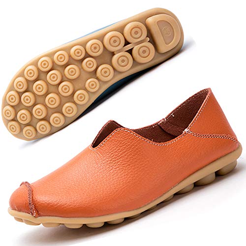 Gaatpot Mokassins Halbschuhe Damen Leder Barfußschuh Loafers Slip on Erbsenschuhe Fahren Flache Schuhe Sommer Slippers Schuhe Orange EU36=CN36 von Gaatpot