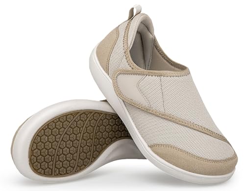 Gaatpot Hausschuhe Damen Herren Extra Weit mit Klettverschluss Verbandsschuhe für Geschwollene Füße Leichte Atmungsaktive Schuhe Beige 40 von Gaatpot