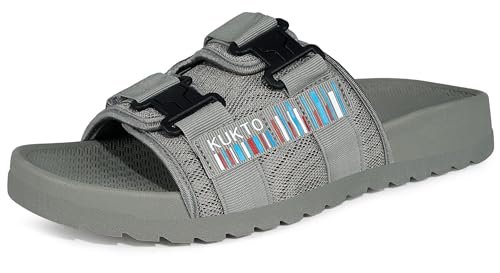 Gaatpot Hausschuhe für Herren Sommer Pantoletten Rutschfest Slide Sandal mit Verstellbare Klettverschuß,Grau,EU44 von Gaatpot