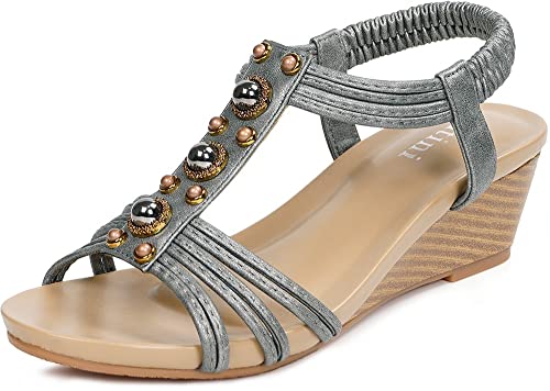 Gaatpot Sandale Damen Sandaletten mit Keilabsatz Sommer Bohemia Zehentrenner Sandalen Römersandalen Schuhe Grau 38EU=40CN von Gaatpot