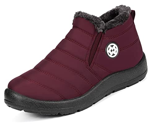 Winterstiefel Damen Stiefelette Wasserdicht Winterschuhe Gefüttert Warm Kurzschaft Stiefel,Lila Rot Gr.38 von Gaatpot