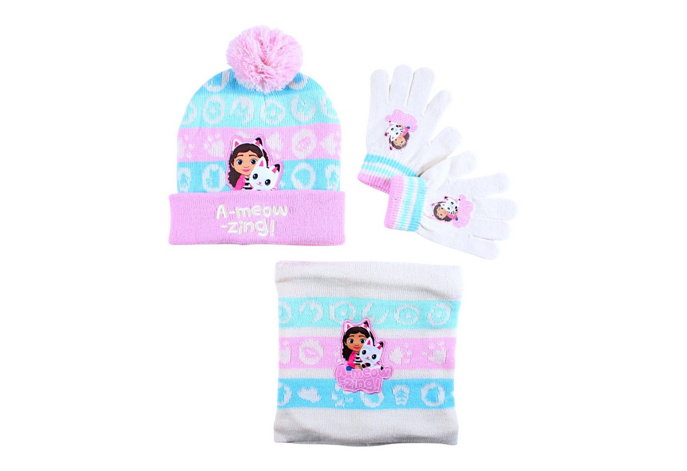 Gabby's Dollhouse Bommelmütze Gabby & Pandy Pfötchen (3-St) Mädchen Winter-Set Mütze Einheitsgröße 2-5 Jahre von Gabby's Dollhouse