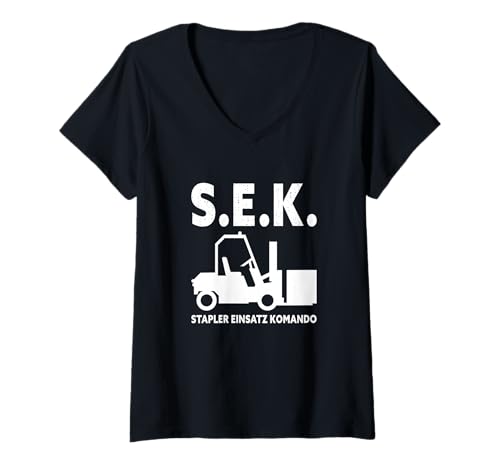 Damen SEK Stapler Einsatz Komando Gabelstapler T-Shirt mit V-Ausschnitt Damen SEK Stapler Einsatz Komando Gabelstapler T-Shirt mit V-Ausschnitt von Gabelstapler Hubwagen Staplerfahrer Design
