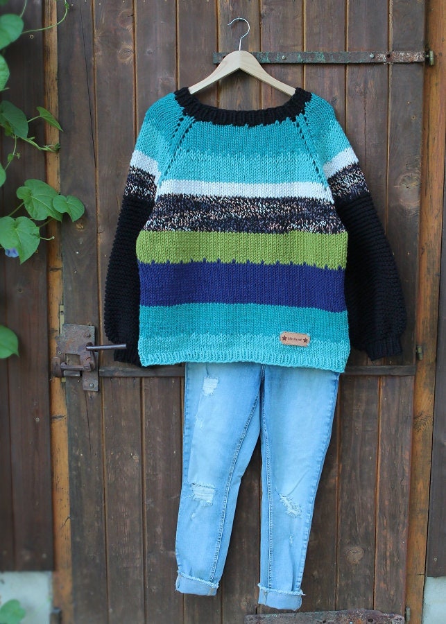 Handgestrickt++Bunter Strick Pullover++Raglanärmel++Grobstrick++Rustikal++Blogger Pullover++Landhaus++Country++Gr.38/42 von GabisWollwerke