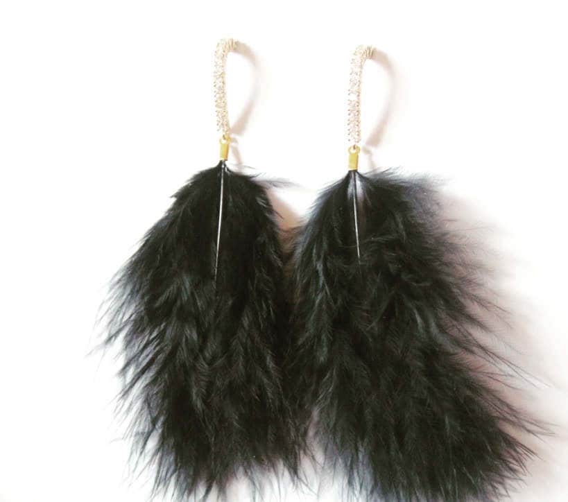 Handgemachte Feder Ohrringe, Schwarz Mode Glitzer Ohrringe von Gabiworks