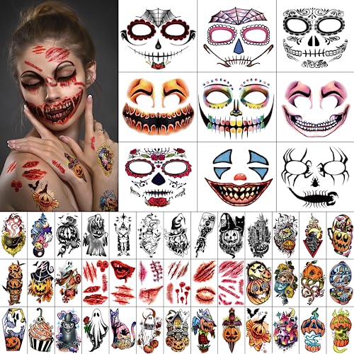 3D Halloween Gesicht temporäres Tattoo für Männer und Frauen, Skelett Hexe Geist Kürbis Laterne Fledermaus Adler Jack Zibetkatze wasserfeste Tattoo-Aufkleber für Kinder auf Armaufklebern 3D Halloween Gesicht temporäres Tattoo für Männer und Frauen, Skelett Hexe Geist Kürbis Laterne Fledermaus Adler Jack Zibetkatze wasserfeste Tattoo-Aufkleber für Kinder auf Armaufklebern von Gabizafia