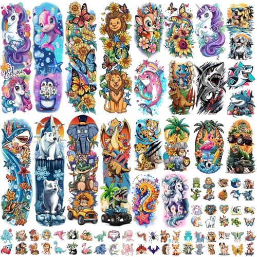 52 Blatt Temporäre Tattoos Kinder Löwe Dinosaurier Hai Auto Delfine Schmetterling Elefant Full Arm Sleeve Fake Tattoos Aufkleber für Junge Mädchen 52 Blatt Temporäre Tattoos Kinder Löwe Dinosaurier Hai Auto Delfine Schmetterling Elefant Full Arm Sleeve Fake Tattoos Aufkleber für Junge Mädchen von Gabizafia