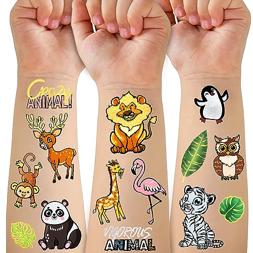 69 PCS Dschungel temporäre Tattoos für Kinder, Metallic Art Zoo gefälschte Tattoo-Aufkleber für Safari-Party-Dekor, Löwe-Affe-Tattoos für 4 5 6 Jahre alt Jungen Mädchen Geburtstag liefert Baby-Dusche von Gabizafia