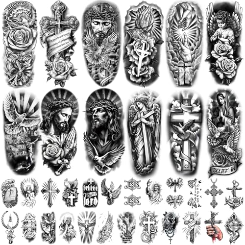 77 Blätter christlich Christ temporäre Tattoos für Erwachsene, Männer Frauen Kinder, kreuzen cross religiöse Jesus KreuzGott Christus katholische realistische Halbarm-Körper Fake Tattoo Aufkleber von Gabizafia