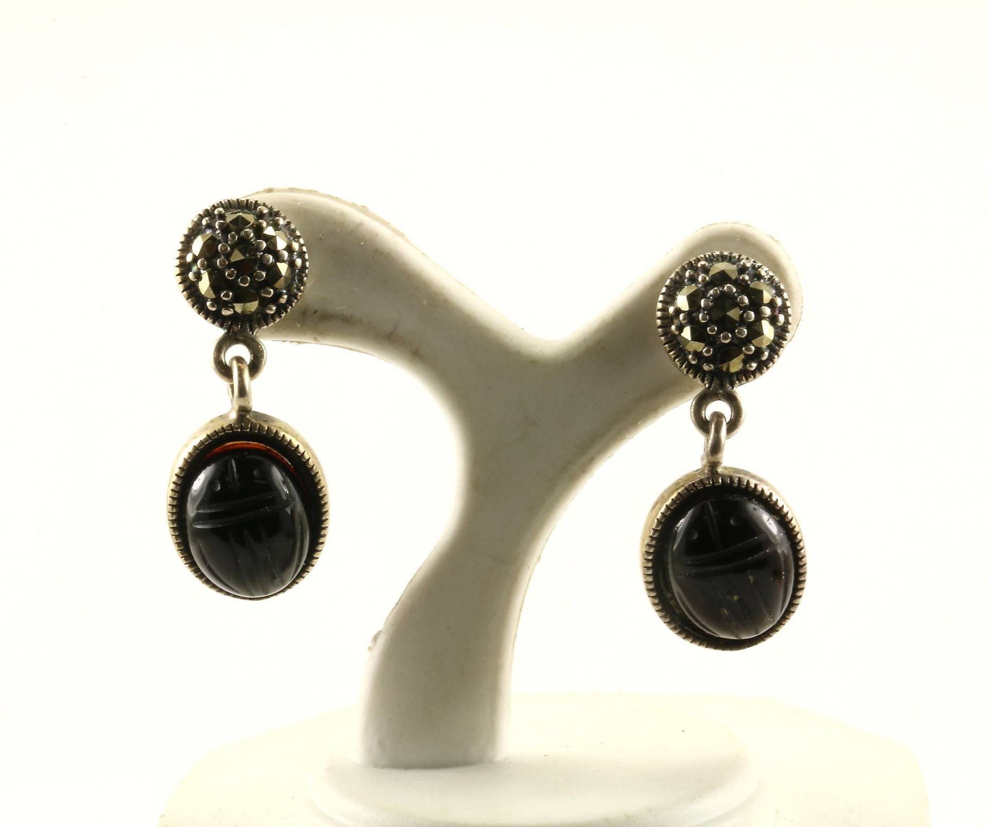 Vintage Oval Schwarzer Onyx Markasit Design Ohrringe 925 Sterling Silber Er 1040 von GabrielStar