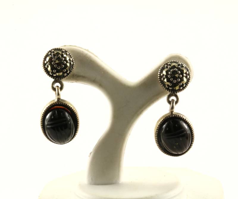 Vintage Oval Schwarzer Onyx Markasit Design Ohrringe 925 Sterling Silber Er 1040 von GabrielStar