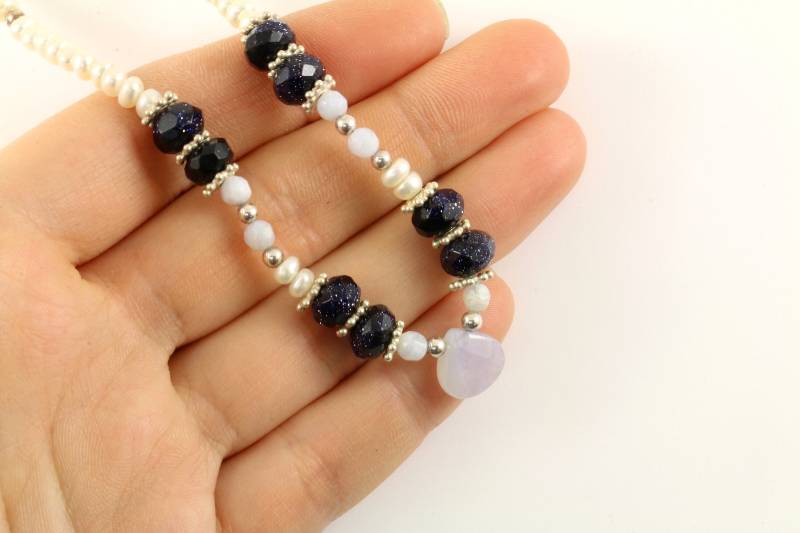 Vintage 16 Zoll Blaue Spitze Achat Naturperlen Design Halskette 925 Sterling Silber Nc 721 von GabrielStar