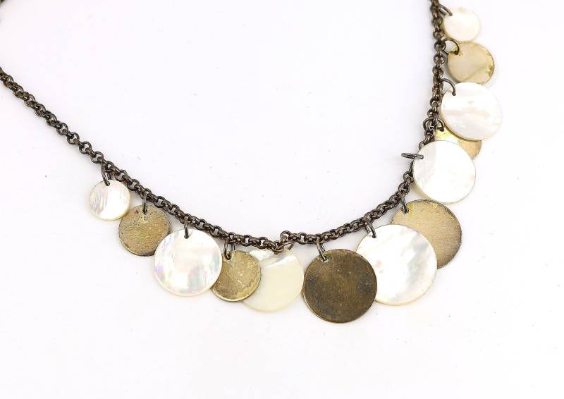 Vintage 16 Zoll Mop Perlmutt Pailletten Baumeln Design Kette Halskette 925 Sterling Silber Nc 1768 von GabrielStar