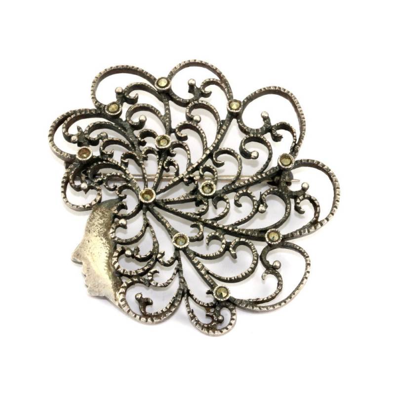 Vintage Frau Profil Schriftrolle Blume Design Markasit Inlay Anhänger Pin/Brosche 935 Sterling Bb 468 von GabrielStar