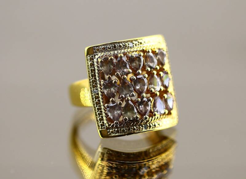 Vintage Größe 6 Funkelnde Kristalle Cz Gold Ton Design Statement Ring 925 Sterling Silber Rg 129 von GabrielStar