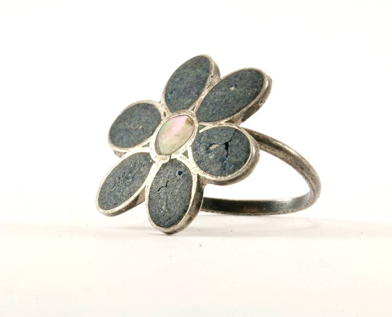 Vintage Größe 7 Blumen Design Perlmutt Inlay Ring 925 Sterling Silber Rg 1607-E von GabrielStar