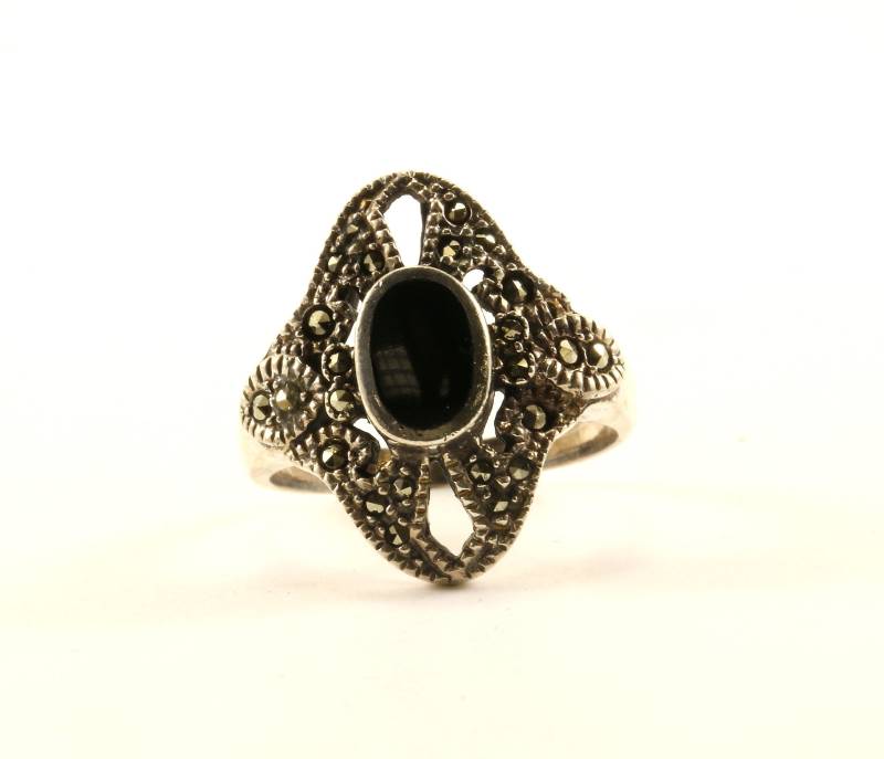 Vintage Größe 7 Oval Schwarzer Onyx Design Markasit Ring 925 Sterling Silber Rg 1601 von GabrielStar