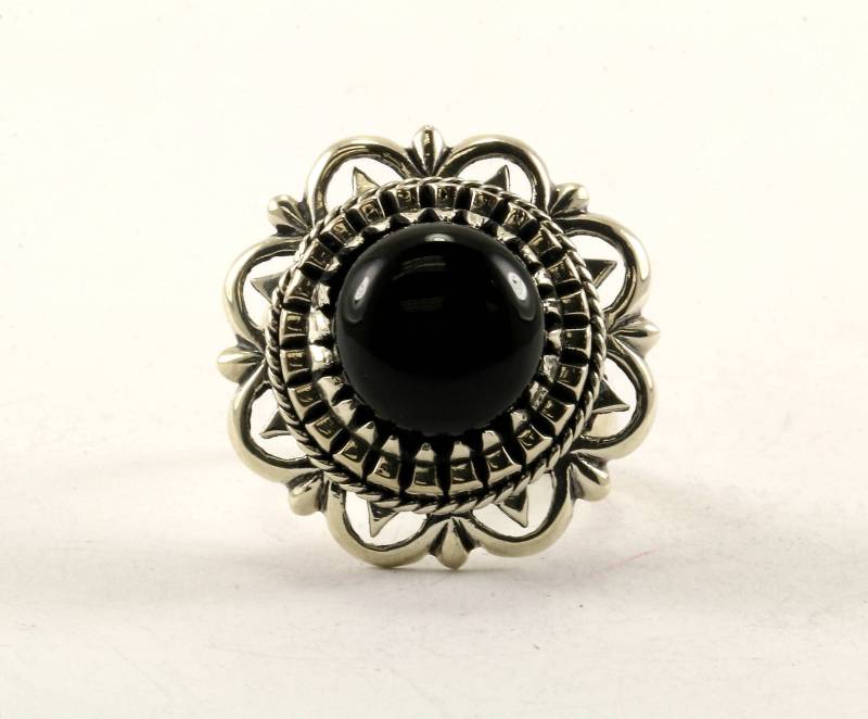Vintage Größe 8 Blumen Design Onyx Ring 925 Sterling Rg 2994 von GabrielStar