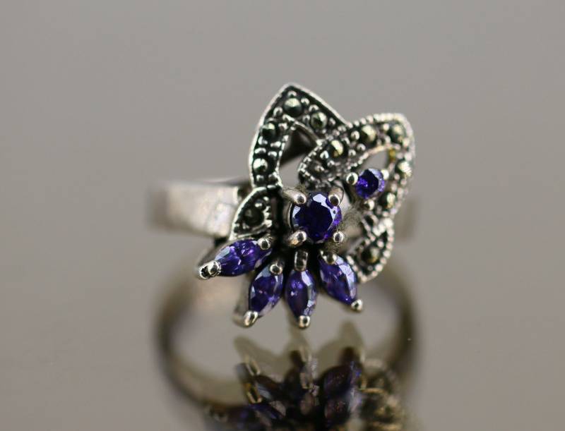 Vintage Größe 9.25 Antik Lila Amethyst Kristalle Rolle Markasit Steine Design Ring 925 Sterling Silber Rg 697 von GabrielStar