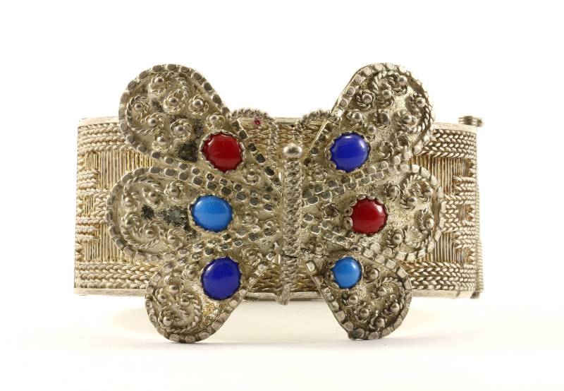 Vintage Großer Breiter Schmetterling Multi Farbe Edelstein Armreif Armband Sterling Silber Br 2283 von GabrielStar