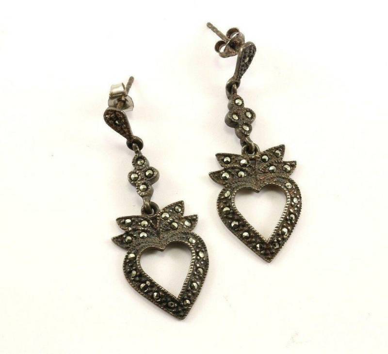 Vintage Herz Design Markasit Tropfen Ohrringe 925 Sterling Silber Er 185 von GabrielStar