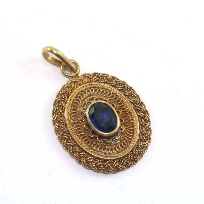 Vintage Holz Geflochtene Saphir Farbe Kristall Gold Ton Anhänger 925 Sterling Silber Pd 862 von GabrielStar