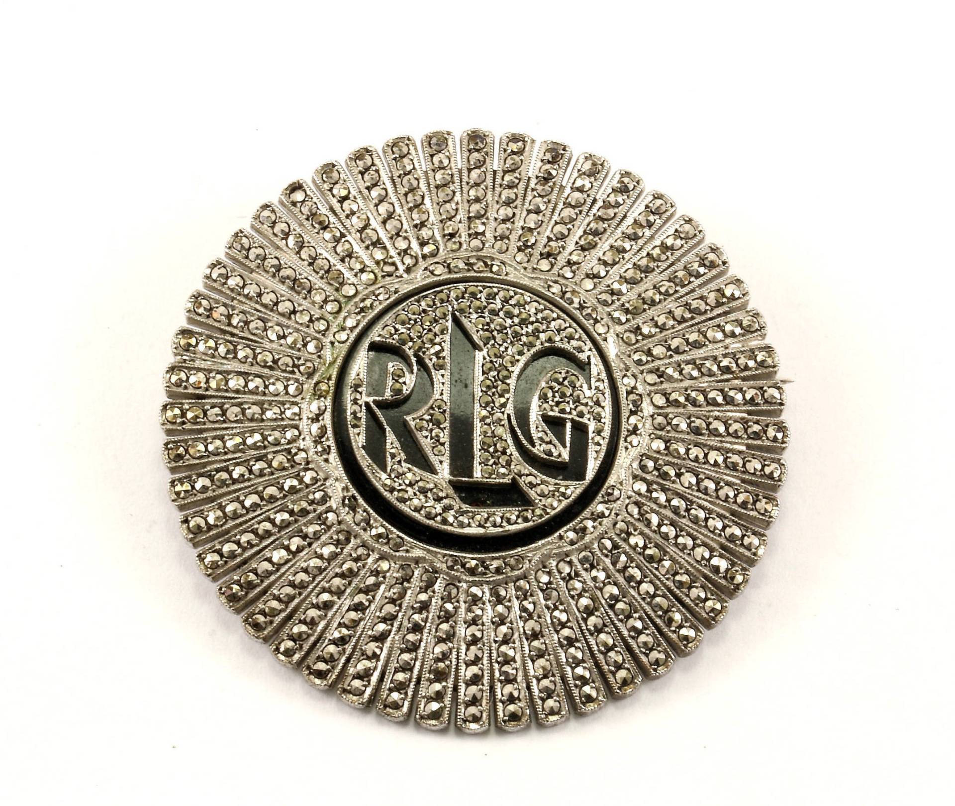 Vintage Initial Rlg Onyx Markasit Inlay Pin/Brosche 925 Sterling Bb 922 Vintage Initial Rlg Onyx Markasit Inlay Pin/Brosche 925 Sterling Bb 922 von GabrielStar