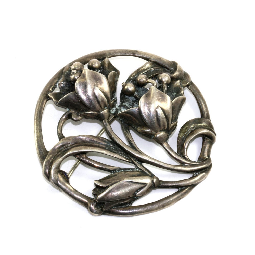 Vintage Lilie Blumen Runde Pin/Brosche 925 Sterling Bb 192 von GabrielStar