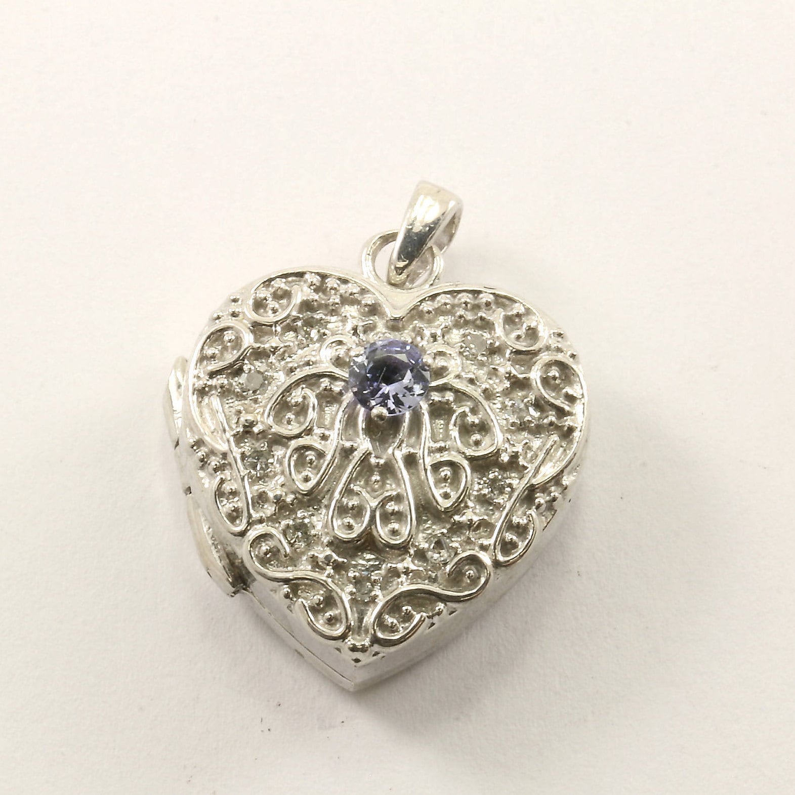 Vintage-Medaillon Herz Markasit & Licht Blau Kristall Anhänger 925 Sterling Silber Pd 1422 von GabrielStar