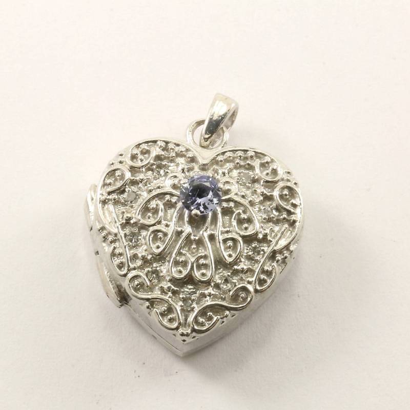 Vintage-Medaillon Herz Markasit & Licht Blau Kristall Anhänger 925 Sterling Silber Pd 1422 von GabrielStar