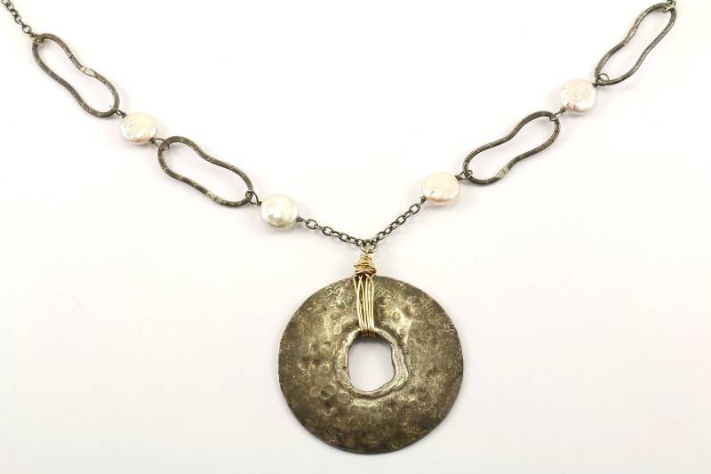 Vintage Modernes Design Perlmutt Halskette 925 Sterling Nc 116-E von GabrielStar