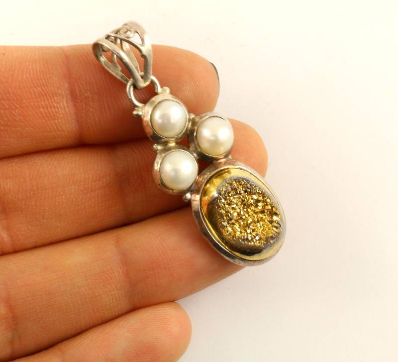 Vintage Naturperle Funkelnde Druzy Stein Design Anhänger 925 Sterling Silber Pd 2252 von GabrielStar