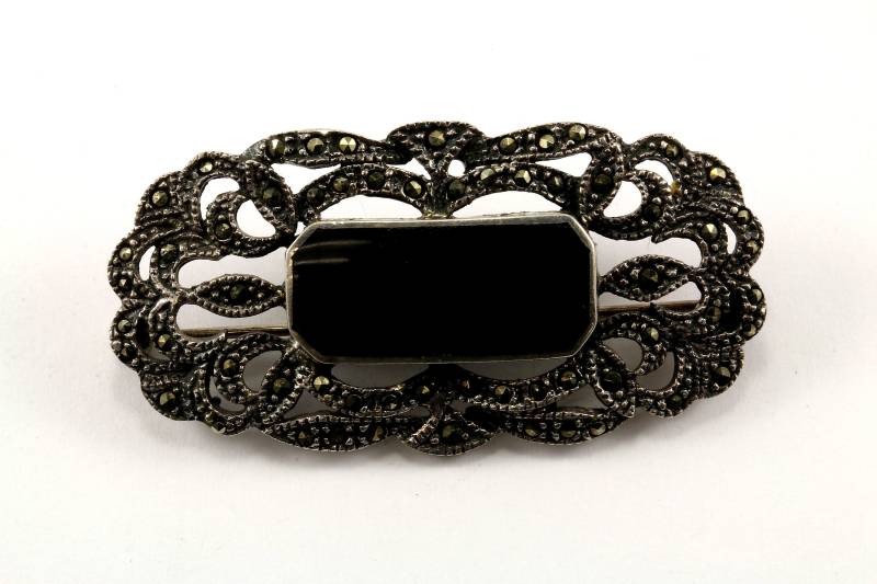 Vintage Onyx Blumenmuster Anstecknadel/Brosche 935 Sterling Bb 348-E von GabrielStar