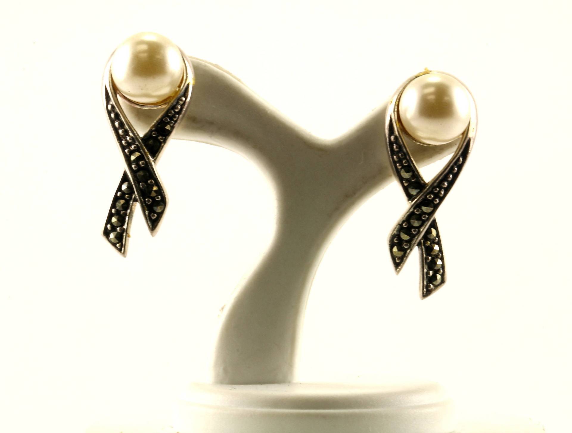 Vintage Perle Rund Markasit Inlay Ohrstecker Ohrringe Sterling Silber Er 608 von GabrielStar