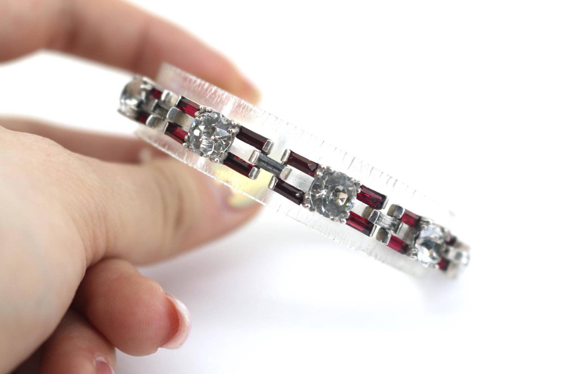 Vintage Rechteck Links Rot Weiß Cz Tennis Armband 925 Sterling Br 1169-E(123720997225 von GabrielStar