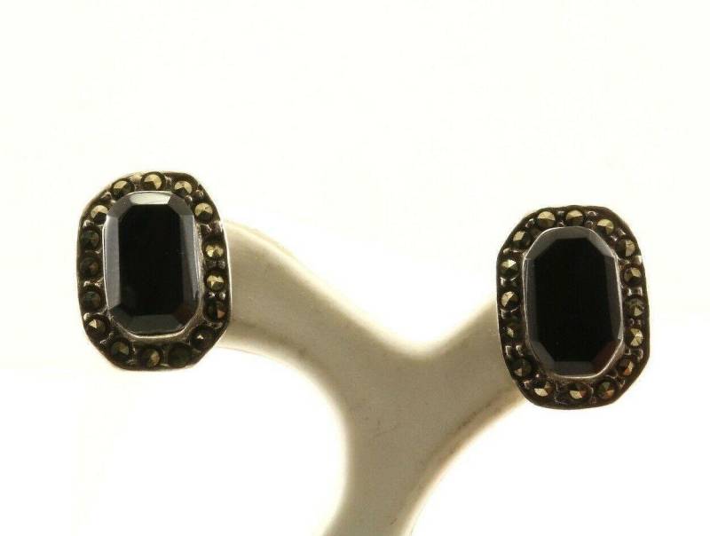 Vintage Rechteck Onyx Markasit Ohrstecker 925 Sterling Silber Oder 907 von GabrielStar