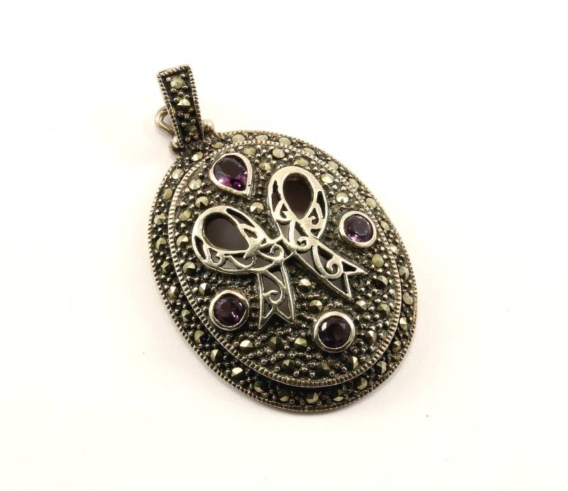 Vintage Schöne Große Lila Amethyst Markasit Schleife Design Anhänger 925 Sterling Pd 567 von GabrielStar