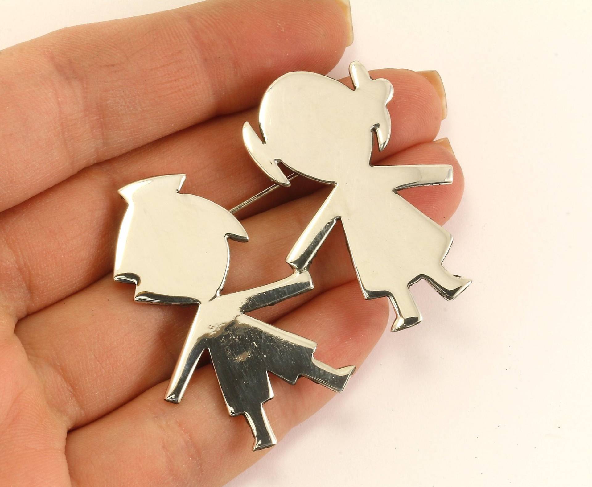 Vintage Schöne Polierte Jungen Mädchen Kinder Design Pin/Brosche 925 Sterling Bb 990 von GabrielStar