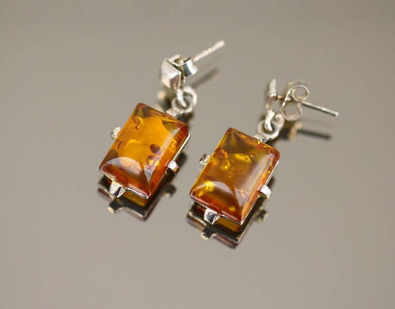 Vintage Schöne Rechteck Bar Naturbernstein Design Ohrstecker Sterling Silber 925 Er 1534 von GabrielStar