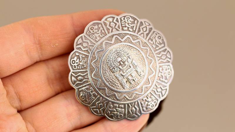 Vintage Schöner Azteken Maya Kalender Design Anstecknadel/Brosche 925 Sterling Bb 1828 von GabrielStar
