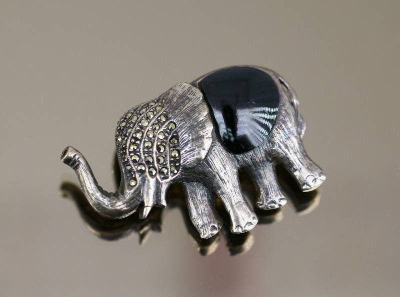 Vintage Schöner Elefant Tier Glück Markasit Onyx Stein Design Brosche Sterling 925 Bb 381 von GabrielStar