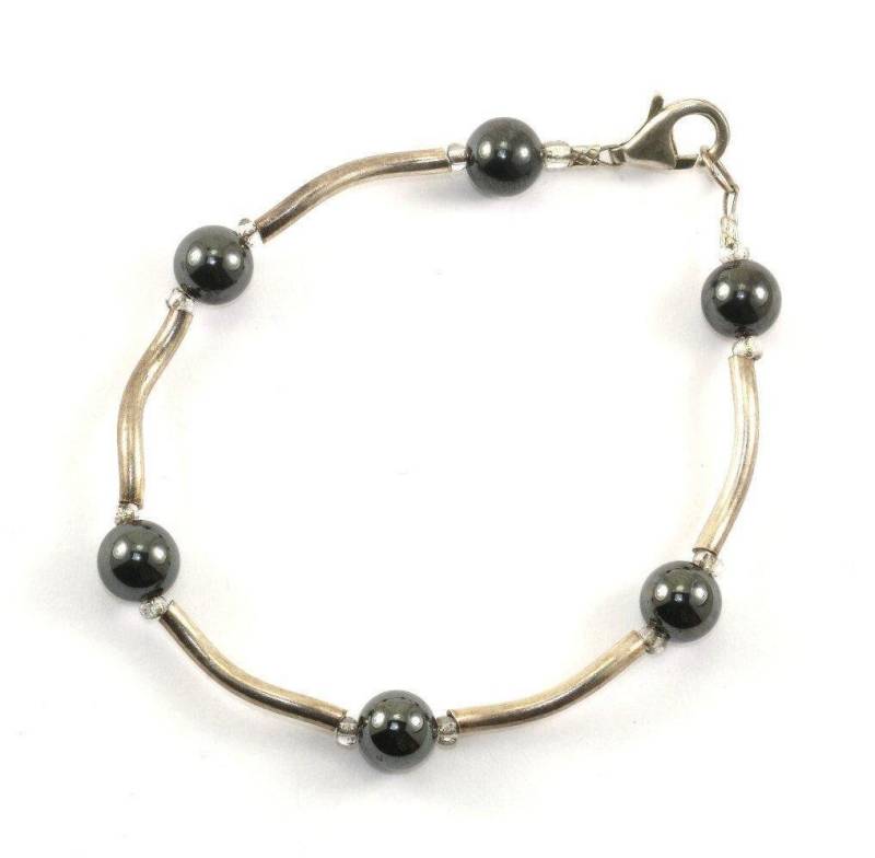 Vintage Schwarz Grau Achat Perlen Wave Design Armband 925 Sterling Silber Br 416 von GabrielStar