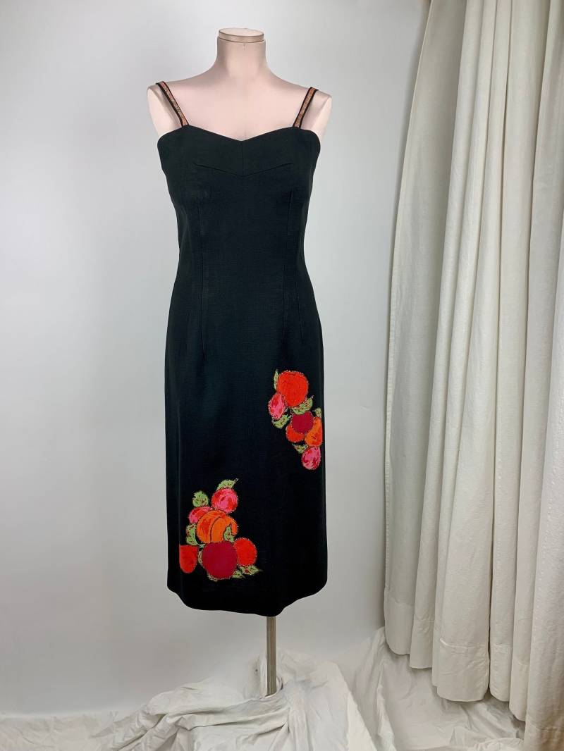 1960Er Jahre Wiggle Dress - Tailliertes Oberteil Spaghetti-Trägern Bunte Pfirsich Applikationen Trittfalte Größe Medium 76cm Taille von GabrielasVintage