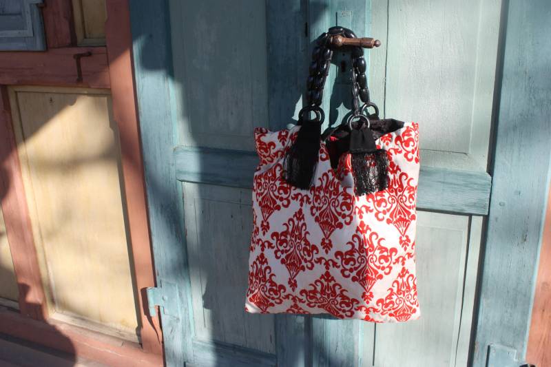 Tasche Bag Businesstasche Beutel Rot Schwarz Tote Tapestery Große Shopper Fransentasche von GabrieleMast