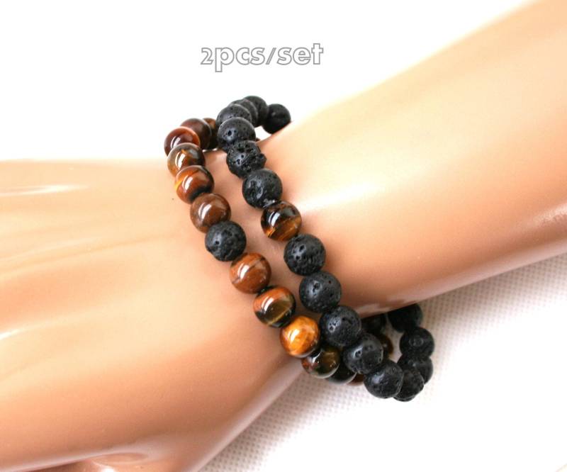 Schwarzes Lava-Armband, Tigerauge-Armband, Armband-Set von GabyJewellery