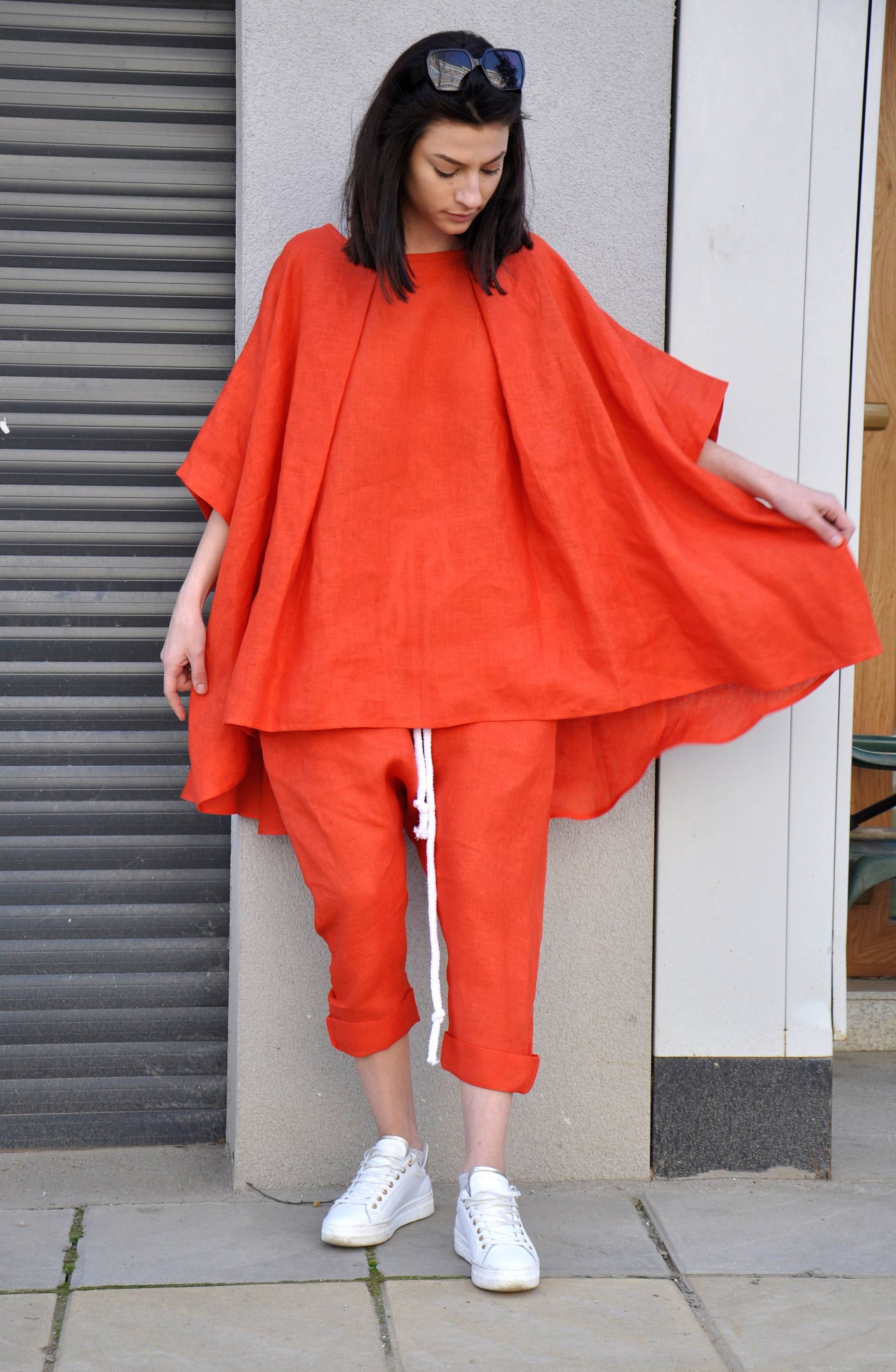 Fledermaus Ärmel Leinen Tunika, Plus Größe Kleidung, Kaftan Bluse Top, Oversize Sommer Tunika Top Frauen, Orange von Gabygaclothes