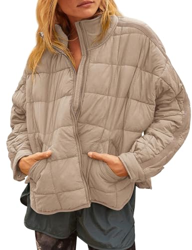 Gacaky Damen Baggy Leichte Reißverschluss Puffer Jacke Warm Winter Daunenmantel mit Taschen, Dunkles Khaki, XXL von Gacaky