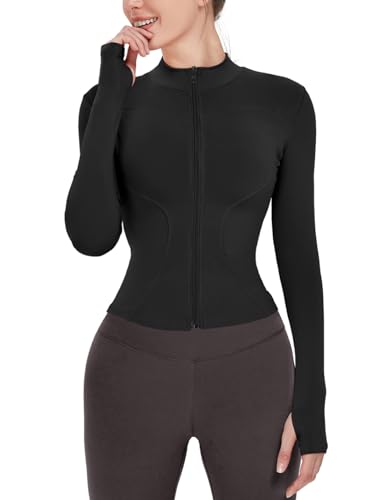 Gacaky Damen Slim Fit Leichte Athletic Full Zip Stretchy Workout Running Track Jacke mit Daumenlöchern, Schwarz, M von Gacaky