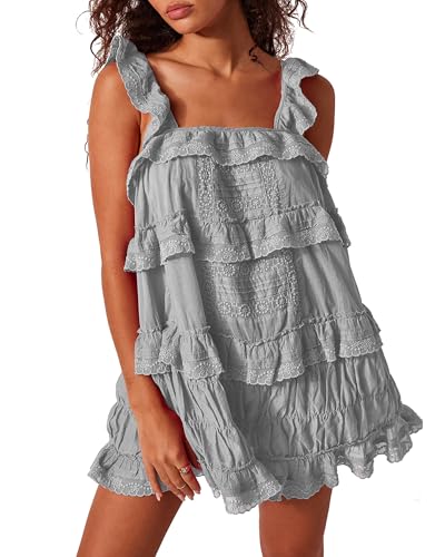 Gacaky Damen Sommer Casual Ärmellos Strampler Rüschen Flowy Boho Sonnenkleid Lose Minikleid mit integrierten Shorts, Grau, Large von Gacaky