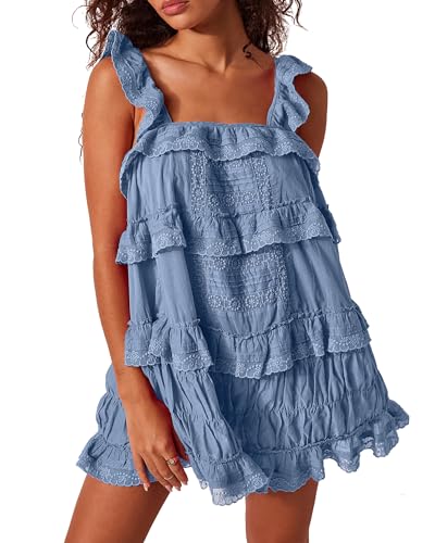 Gacaky Damen Sommer Casual Ärmellos Strampler Rüschen Flowy Boho Sonnenkleid Lose Minikleid mit integrierten Shorts, dusty blue, Small von Gacaky